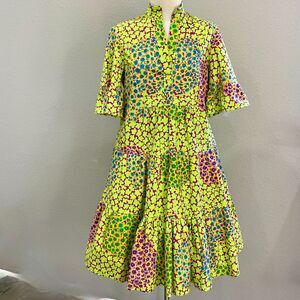 Handmade Boho Lime Green tiered dress with ruffle and ruffled sleeves, Size 10